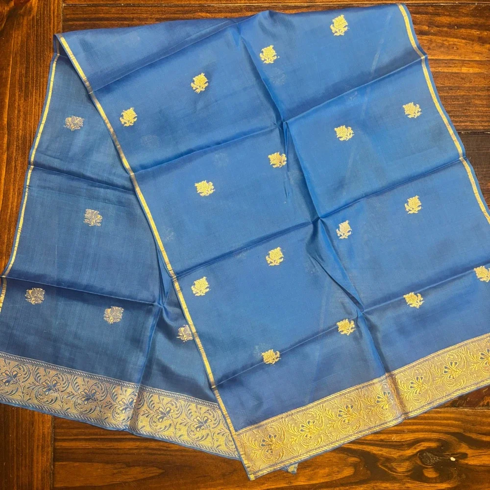 Blue Silk‎ Gold Zari Floral Dupatta Scarf Indian Ethnic Wedding Scarf 46x17